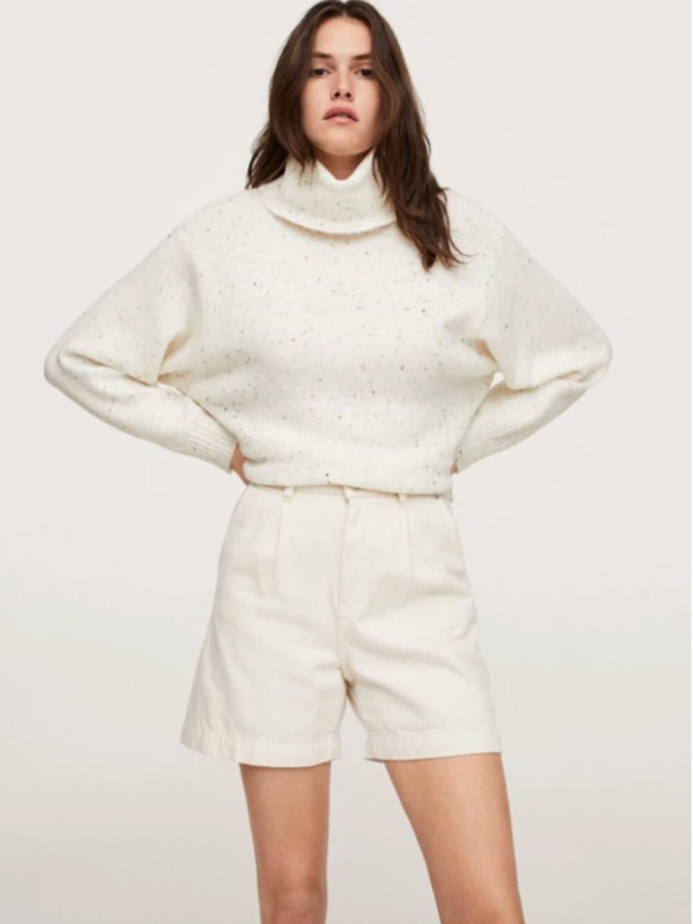 New Mango Women's Mock Neck Turtleneck Flecked Rib Knit Sweater Small Beige